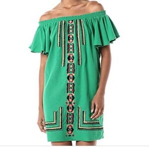 Piper Green Tribal Dress off the shoulder resortwear size small